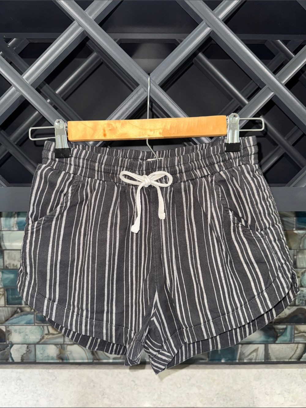 Billabong Black and White Striped Drawstring Athletic Shorts